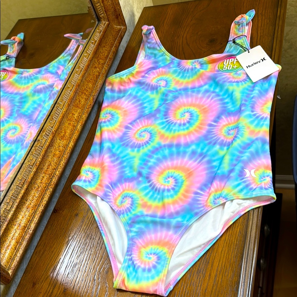 New Hurley Multicolor Tie-Dye look Swimsuit.  Size L 12-13yrs. UPF 50+.